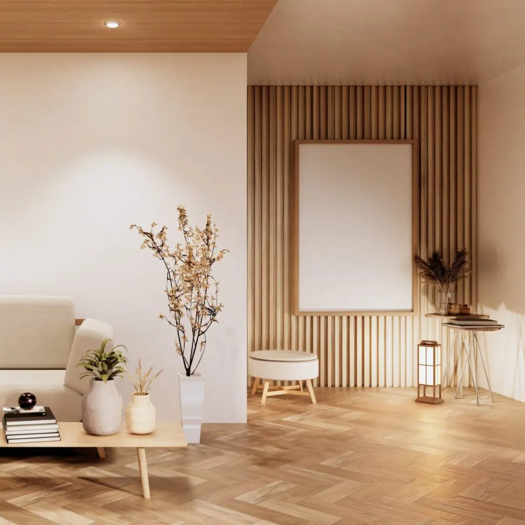 Warm interior with wood wall details and parquet flooring, used on the LookHome villa renovation page