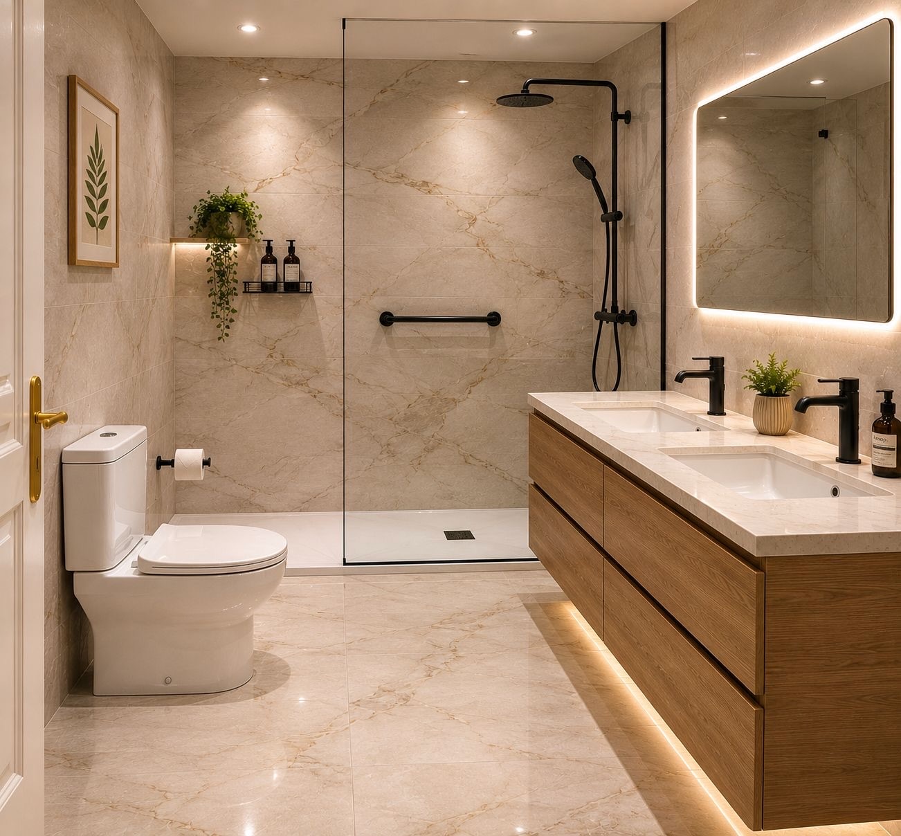 Completed modern bathroom with walk-in shower and wood vanity